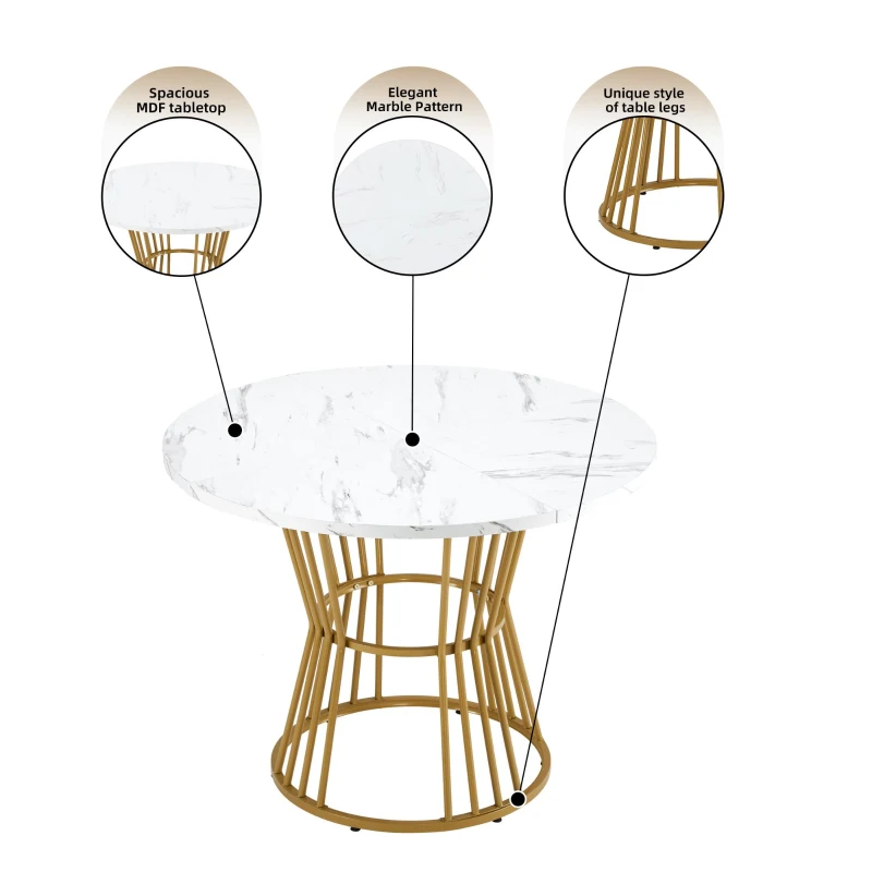 Round Dining Table Set with 4 Velvet Chairs, Marble Pattern MDF Top and Golden Metal Legs, Easy Assembly, 1100L x 100W x 75H cm, White+Green