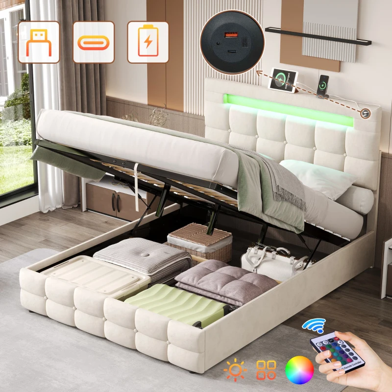 LED Double Upholstered Bed Frame with Charging Station, Adjustable Headboard, Velvet Hydraulic Storage Bed, 202.5L x 142W x 108H cm, Beige