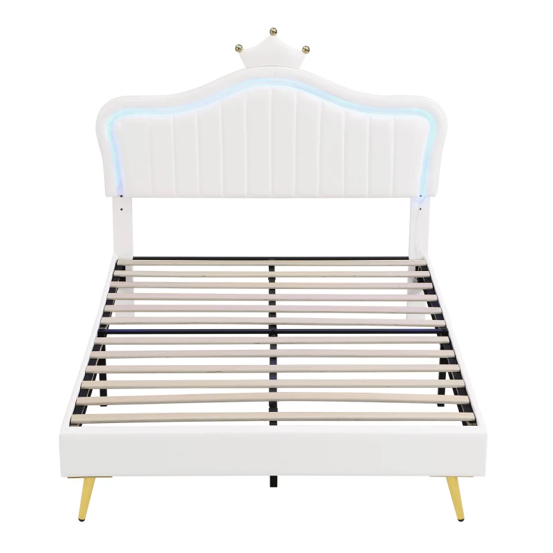Double Upholstered Bed with Adjustable Crown Headboard, LED Bed Frame with Metal-Wood Support, 194L x 147W x 129H cm, Cream White