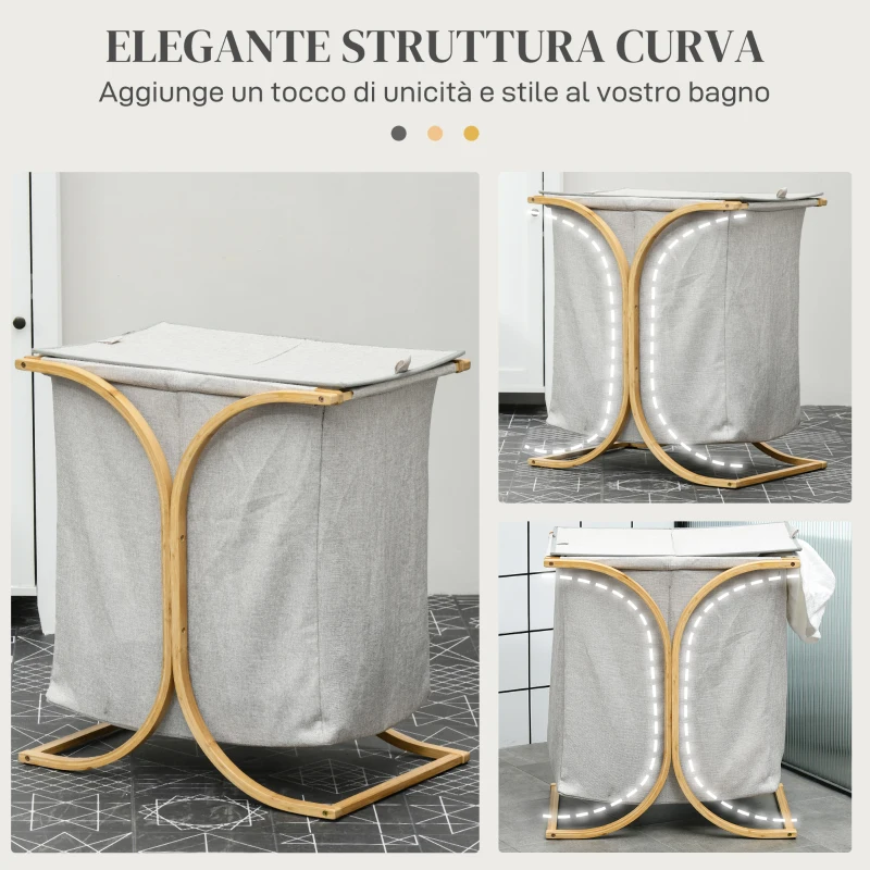 HOMCOM Portabiancheria a 2 Cesti con Coperchio in Bambù e Poliestere, 55x40x62 cm, Grigio e color Legno