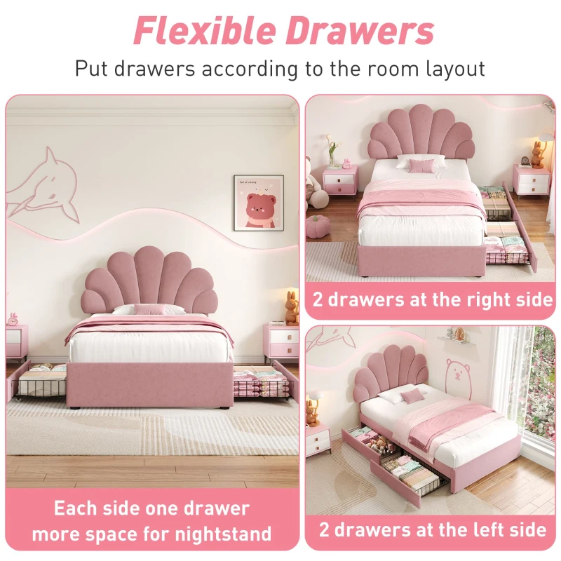 Single Upholstered Bed with Adjustable Petal Headboard, Solid Wood Slat, Velvet Bed Frame with Storage Drawers, 194L x 107W x 106H cm, Pink
