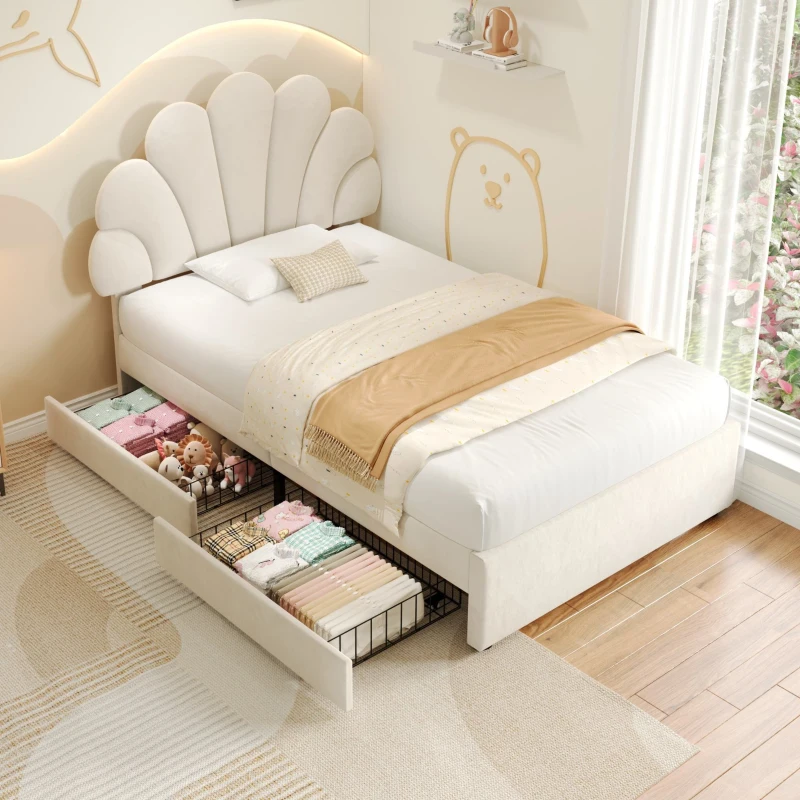 Single Upholstered Bed with 2 Storage Drawers, Adjustable Petal Headboard, Velvet Bed Frame with Wood Slat, 194L x 107W x 106H cm, Beige