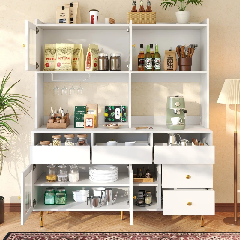 Multi-purpose Storage Cabinet with Changhong Glass Door, Wine Glass Holder, Multi-layered Storage Space, 145L x 39W x 171H cm, White