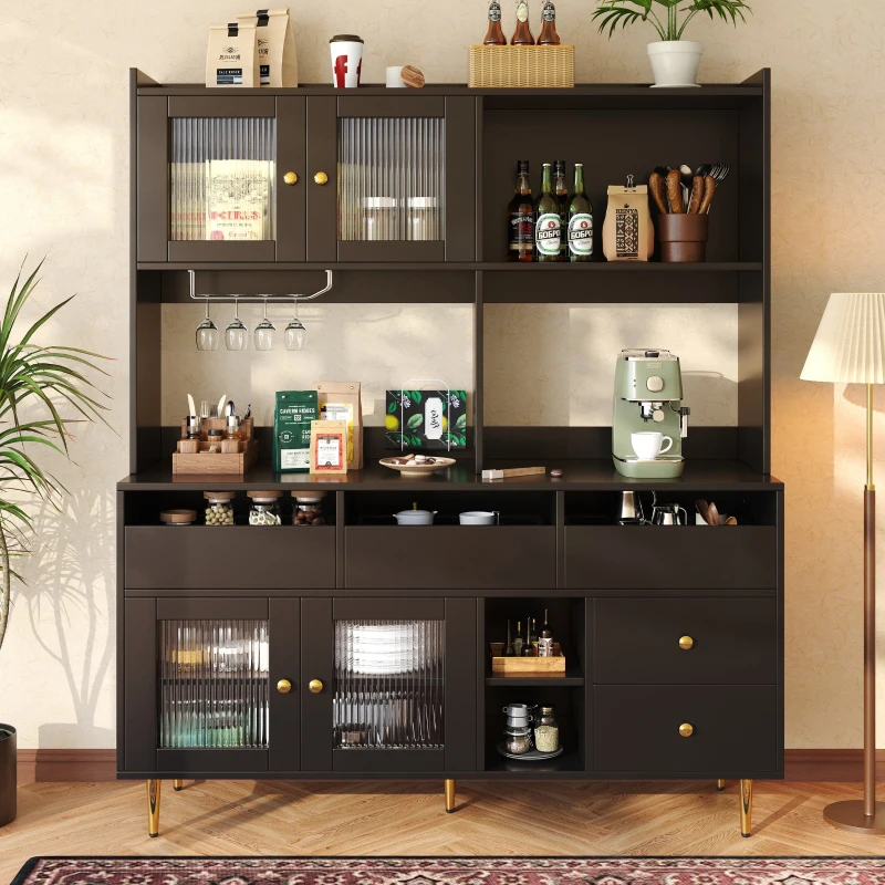 Multi-purpose Storage Cabinet with Changhong Glass Door, Wine Glass Holder, Multi-layered Storage Space, 145L x 39W x 171H cm, Black