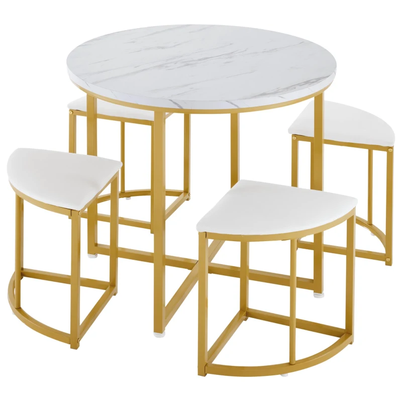 Dining Table Set with 4 Velvet Chairs, Space-Saving Design, MDF Top and Gold-Plated Iron Frame, Easy assembly, 80L x 80W x 75H cm, White+Gold