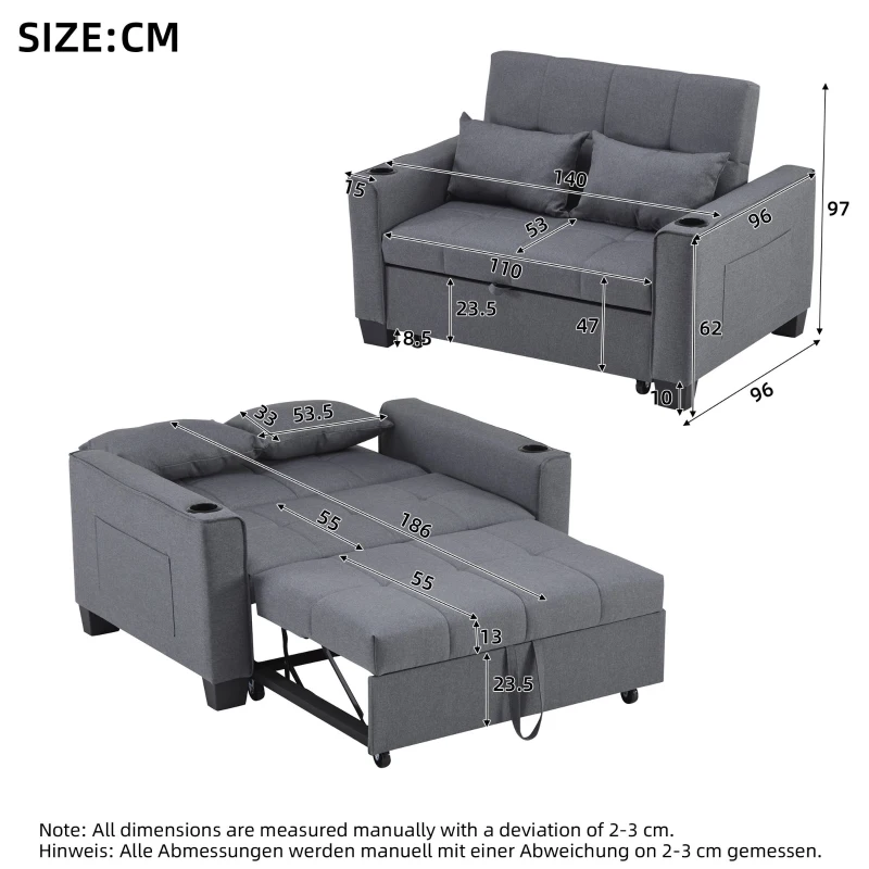 2 Seater Sofa Bed with Cup Holders, Convertible Fabric Sofa Chair with Adjustable Backrest and Storage Pockets, 140L x 96W x 97H cm, Gray