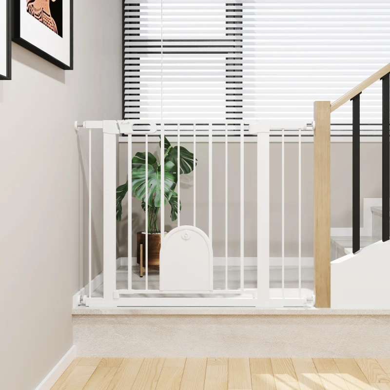 PawHut Barreira de Segurança de Cães Animais de Estimação para Escadas e Portas 75-103cm com 2 Extensões Fechamento Automático e Sistema de Duplo Bloqueio Aço Branco