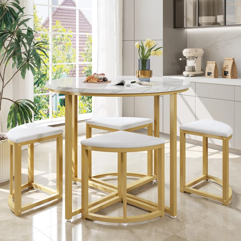 Dining Table Set with 4 Velvet Chairs, Space-Saving Design, MDF Top and Gold-Plated Iron Frame, Easy assembly, 80L x 80W x 75H cm, White+Gold