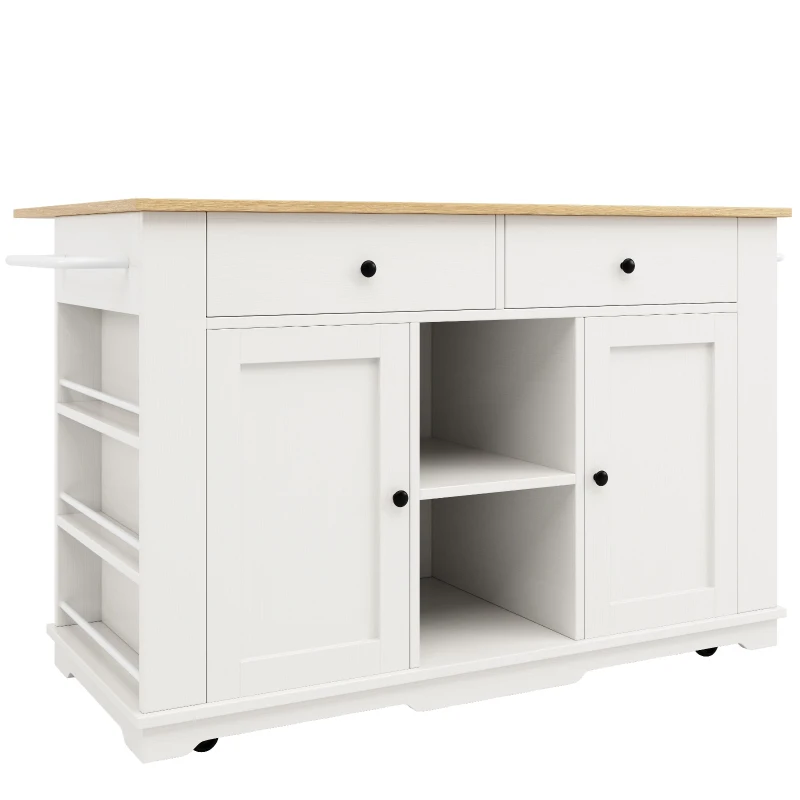 Kitchen Island Trolley with Power Strip, Foldable Dining Table, Ample Storage and Lockable Castors, 151.5L x 85W x 92H cm, White+Natural