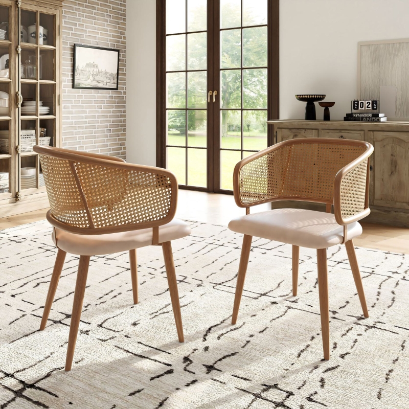 Set of 2 Modern Dining Chairs with Rattan Backrest, PU Leather Seat, Ergonomic Armchair with Wood Grain Iron Legs, 51L x 54W x 79H cm, Beige