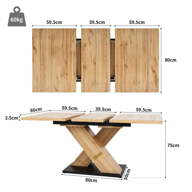 Extendable Dining Table with Adjustable Feet and Silent Expansion, Telescopic MDF Table, Ideal for Kitchen, 119L x 80W x 75H cm, Natural