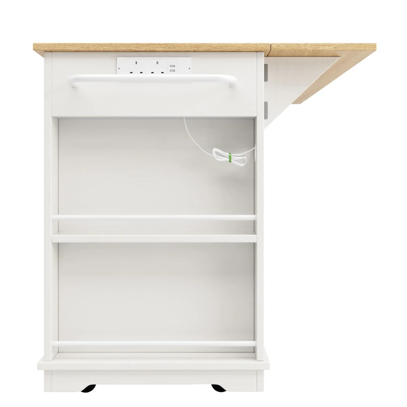 Kitchen Island Trolley with Power Strip, Foldable Dining Table, Ample Storage and Lockable Castors, 151.5L x 85W x 92H cm, White+Natural