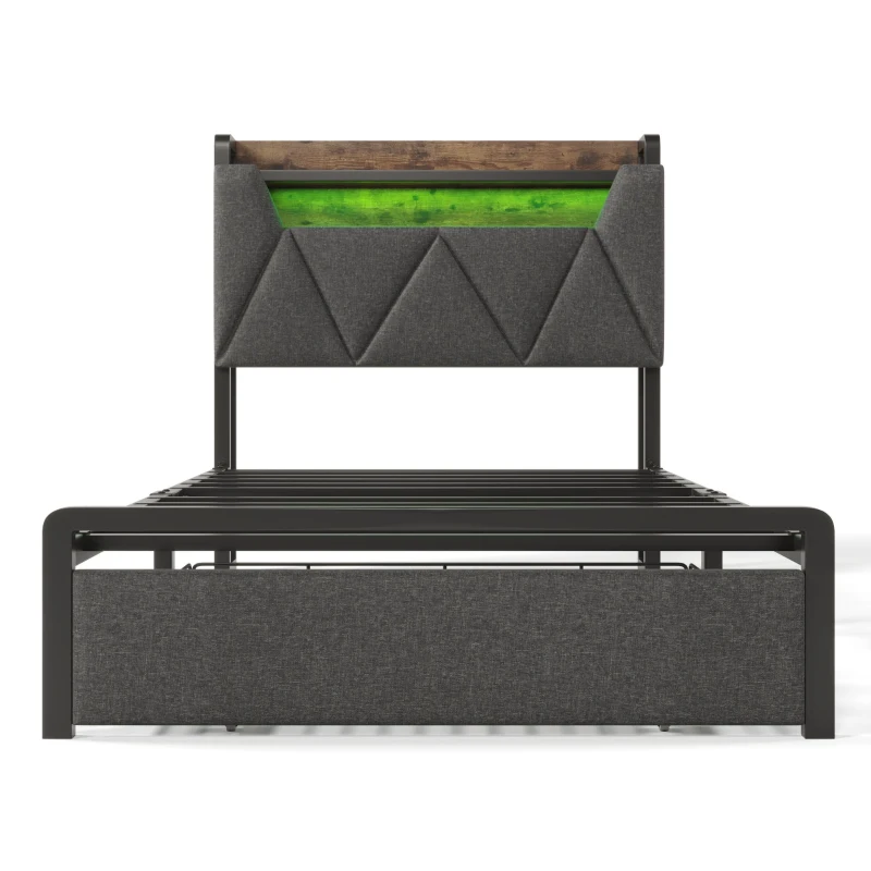 Upholstered Single Bed with LED Lighting, USB Type-C Charging, Storage Headboard and Drawers, 3ft Single Bed, 208L x 92W x 110H cm, Grey