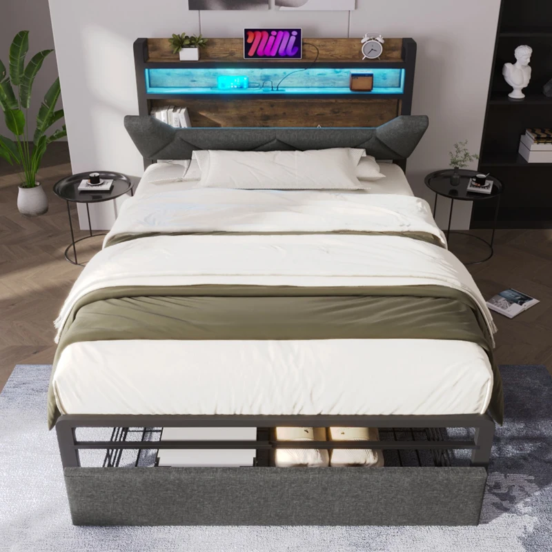 Upholstered Single Bed with LED Lighting, USB Type-C Charging, Storage Headboard and Drawers, 3ft Single Bed, 208L x 92W x 110H cm, Grey