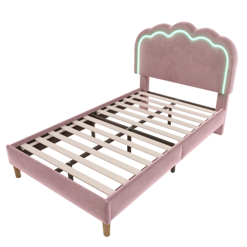 Upholstered Single Bed with LED Adjustable Headboard, Efficient Assembly, Velvet Bed Frame with Wooden Slats, 197L x 101W x 109H cm, Pink
