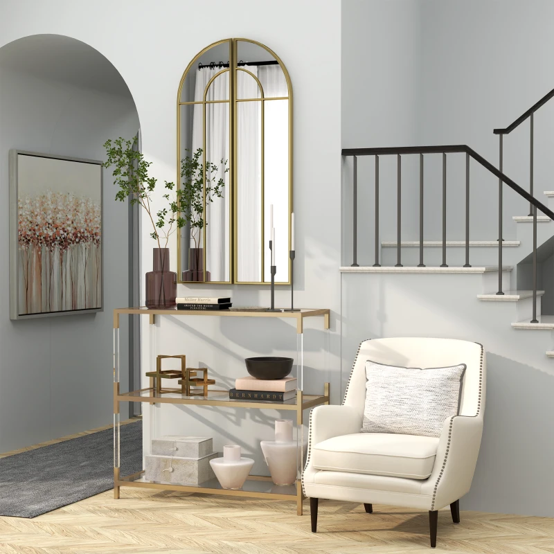 HOMCOM Espelho Decorativo de Parede com 2 Peças 30x120 cm Espelho em Forma de Arco e Estrutura de Metal para Entrada Dourado