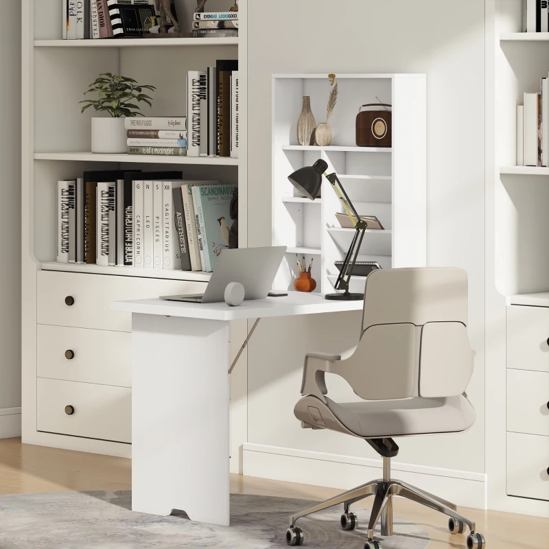 HOMCOM Bureau pliable mural, table murale pliante avec étagères pour salon, salle à manger, bureau, 93,8 x 60 x 147 cm, blanc
