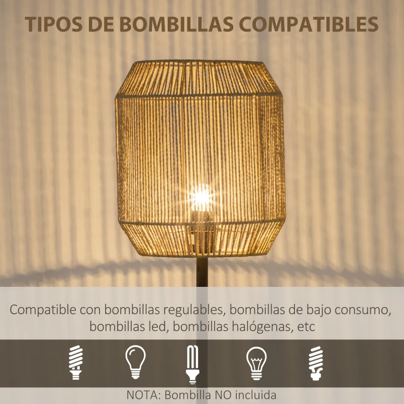 HOMCOM Lámpara de Pie para Salón con Pantalla de Cuerda de Papel para Salón Dormitorio Ø26x164 cm Natural y Negro