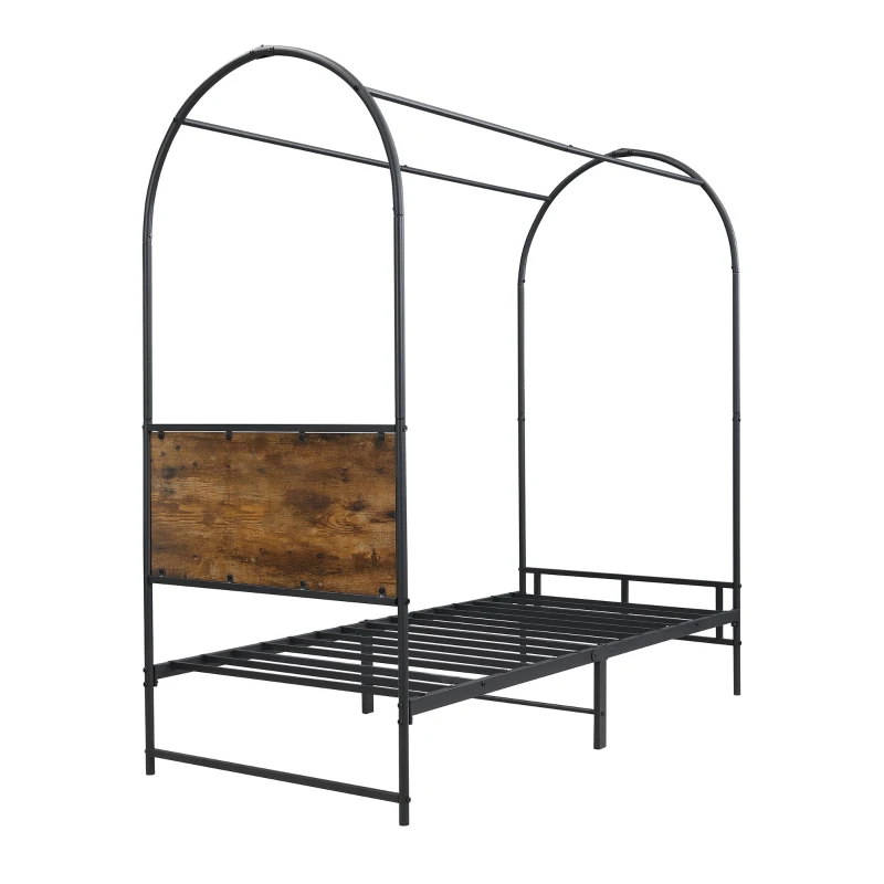Metal Canopy Bed Frame with Durable Iron and MDF Construction, Wood Headboard, Easy Self-Installation, 195L x 90.5W x 192H cm, Black