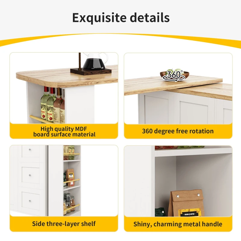 360° Swivelling Dining Table with Castors, Multifunctional Storage Island with Three Drawers, Snack Rack, 209L x 39W x 104H cm, White
