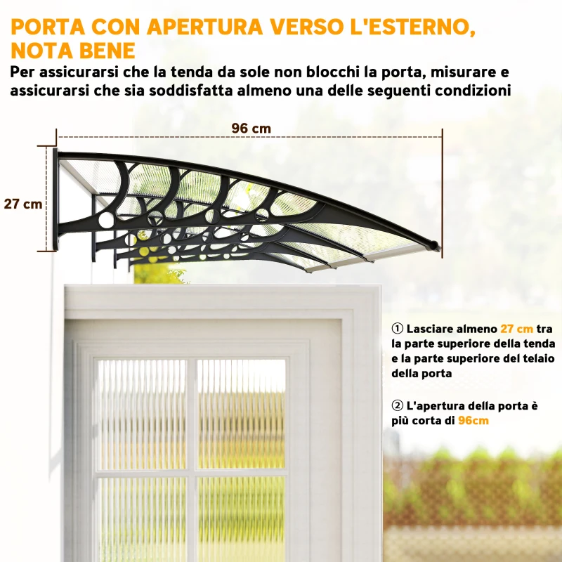 Outsunny Tettoia in Policarbonato e Alluminio per Balconi, Finestre e Porte, 303x96x27 cm, Nero e Trasparente