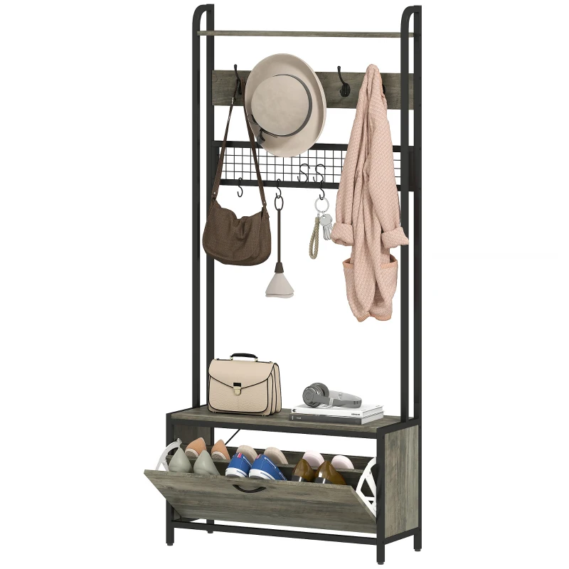 HOMCOM 5-In-1 Industrial-Style Hallway Tree - Grey/Black