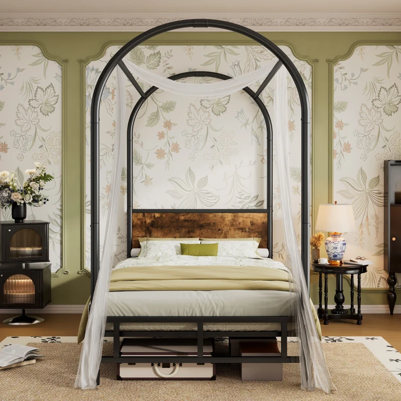 Metal Canopy Bed Frame with Durable Iron and MDF Construction, Wood Headboard, Easy Self-Installation, 195L x 90.5W x 192H cm, Black