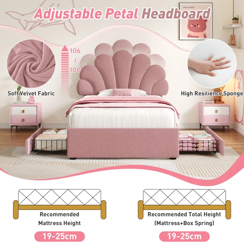Single Upholstered Bed with Adjustable Petal Headboard, Solid Wood Slat, Velvet Bed Frame with Storage Drawers, 194L x 107W x 106H cm, Pink