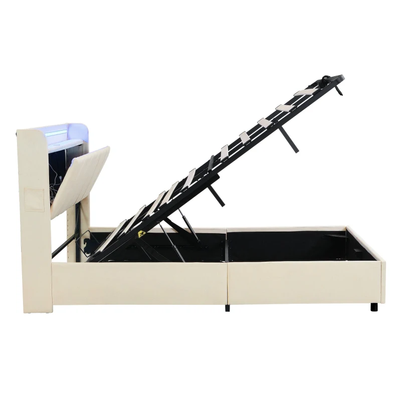 Double Upholstered Bed with LED Headboard, USB and Type-C Ports, Hydraulic Storage Bed with Charging Station, 207L x 136W x 105H cm, Beige