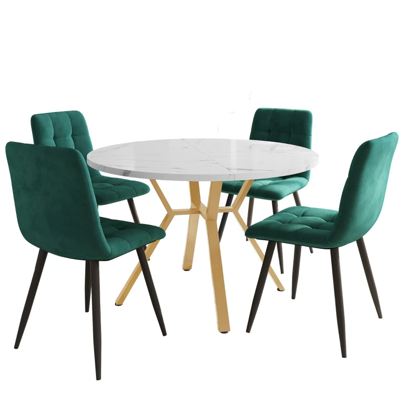 Round Marble Dining Table Set with Gold Metal Legs and 4 Ergonomic Velvet Chairs, Table Top Radius, 100L x 100W x 75H cm, White+Green