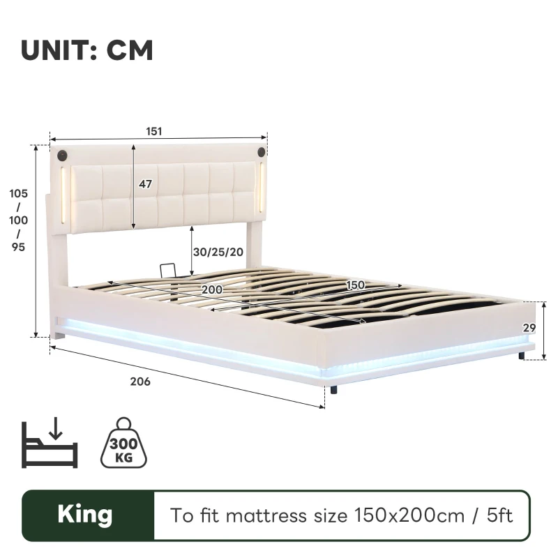 King Size LED Hydraulic Bed with Charging Station, Adjustable Tufted Headboard, Space-Saving Design for Bedroom, 206L x 151W x 105H cm, Beige