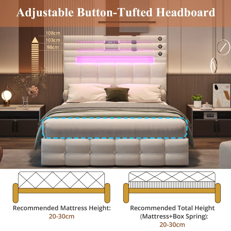LED Double Upholstered Bed Frame with Charging Station, Adjustable Headboard, Velvet Hydraulic Storage Bed, 202.5L x 142W x 108H cm, Beige