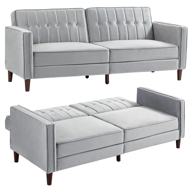 HOMCOM Modern Convertible Sofa Futon Velvet-Touch Tufted Couch Compact Loveseat with Adjustable Split Back, Light Grey