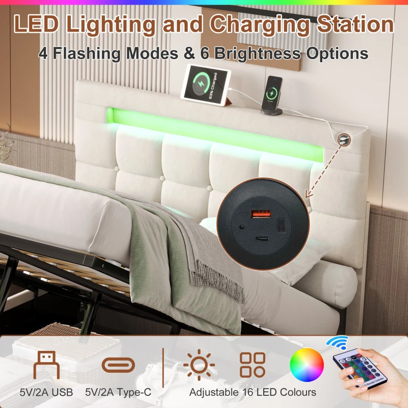 LED Double Upholstered Bed Frame with Charging Station, Adjustable Headboard, Velvet Hydraulic Storage Bed, 202.5L x 142W x 108H cm, Beige