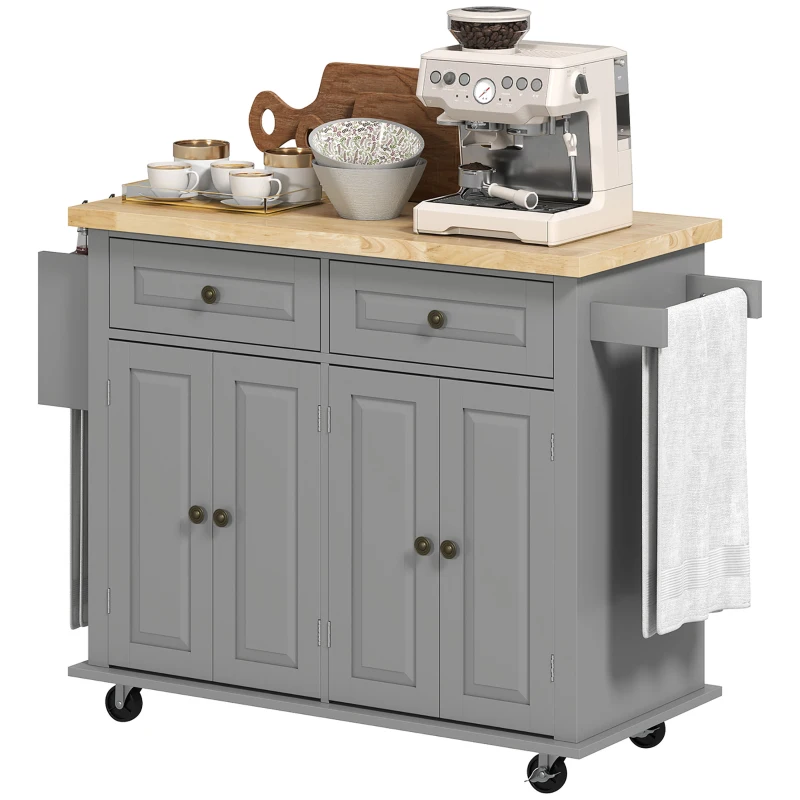 HOMCOM Căruț de Bucătărie cu 2 Sertare și 2 Dulapuri, Insulă de Bucătărie cu Blat din Lemn, 111x44,5x82,5 cm, Gri(m-10)