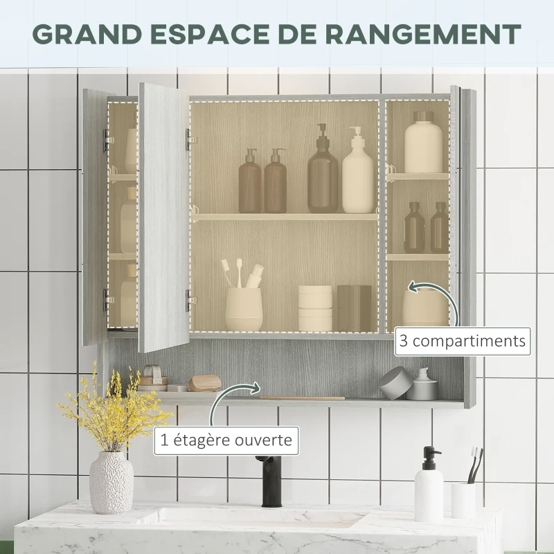 kleankin Armoire murale salle de bain avec miroir, armoire de toilette 3 portes miroir, étagères réglables, 90x15x75cm, gris