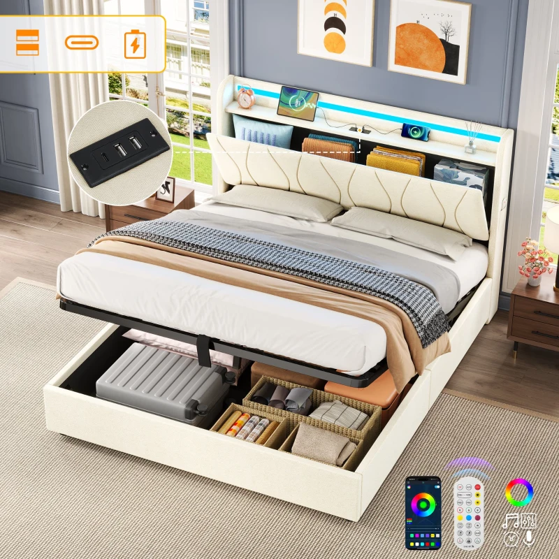 Double Upholstered Bed with LED Headboard, USB and Type-C Ports, Hydraulic Storage Bed with Charging Station, 207L x 136W x 105H cm, Beige