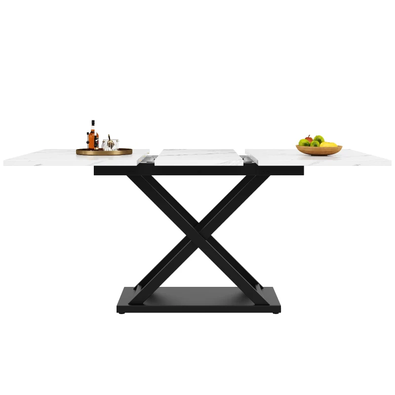 Telescopic Dining Table with Extendable MDF Top and Crossed Iron Legs, Space-Saving Design for Kitchen, 120L x 80W x 75H cm, White+Black