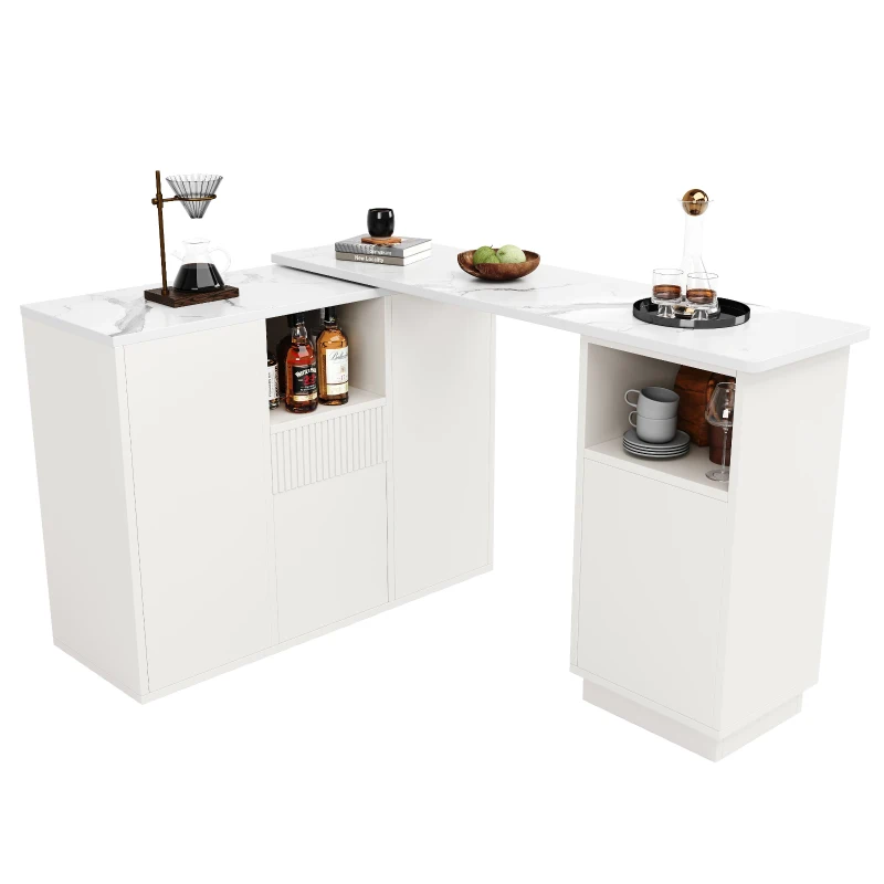 360° Swivelling Bar Table with Marble Worktop, Open Storage Compartments, Ideal for Kitchen, Living Room, 198.5L x 30W x 72.5H cm, White