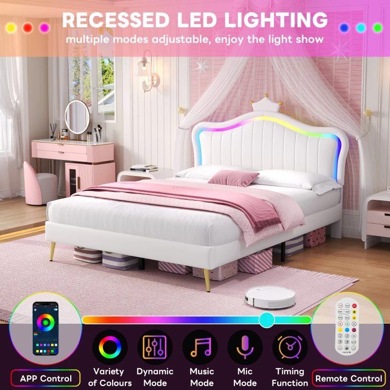 Double Upholstered Bed with Adjustable Crown Headboard, LED Bed Frame with Metal-Wood Support, 194L x 147W x 129H cm, Cream White