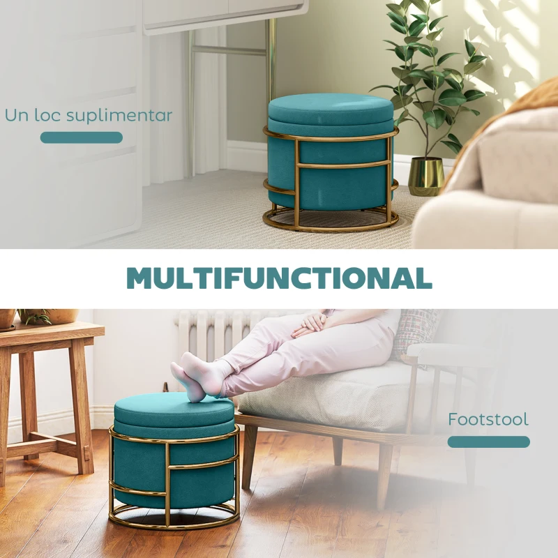 HOMCOM Pouf cu Spațiu de Depozitare în Catifea, 24L, Capac Detasabil, Ø42x39cm, Verde