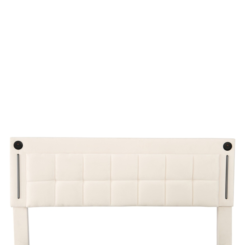 King Size LED Hydraulic Bed with Charging Station, Adjustable Tufted Headboard, Space-Saving Design for Bedroom, 206L x 151W x 105H cm, Beige