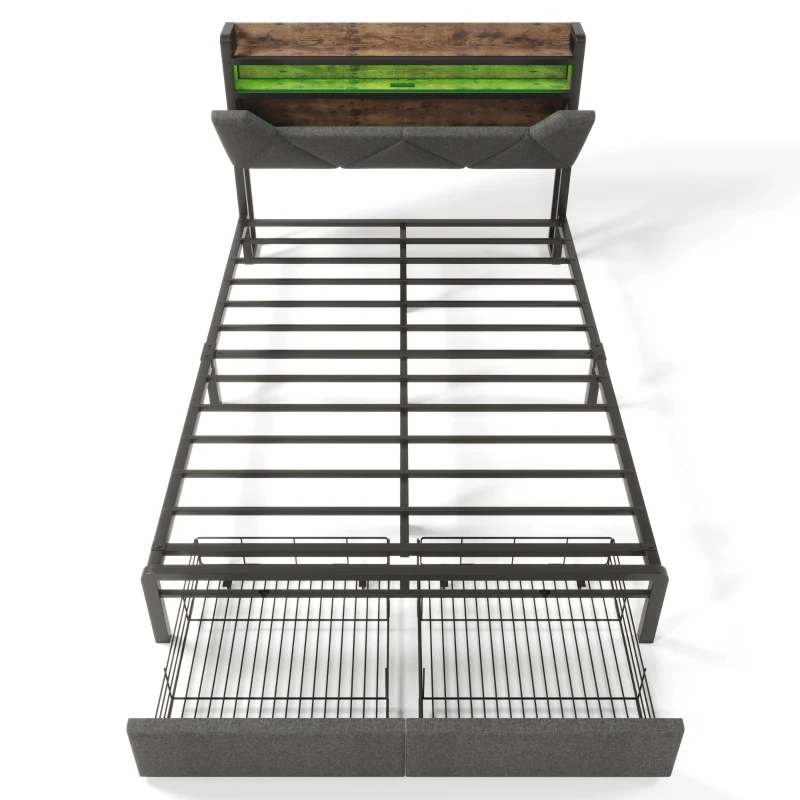 Upholstered Double Bed with LED Lighting, USB Type-C Charging, Bed Frame with Storage Headboard, Drawers, 208L x 137W x 110H cm, Grey