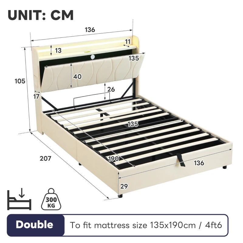 Double Upholstered Bed with LED Headboard, USB and Type-C Ports, Hydraulic Storage Bed with Charging Station, 207L x 136W x 105H cm, Beige