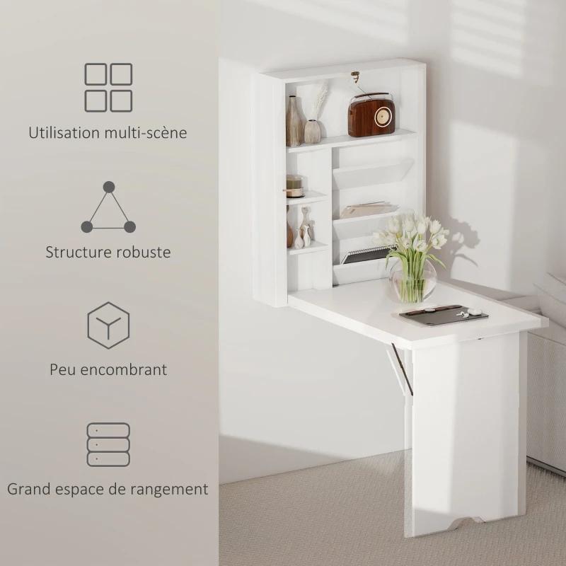 HOMCOM Bureau pliable mural, table murale pliante avec étagères pour salon, salle à manger, bureau, 93,8 x 60 x 147 cm, blanc