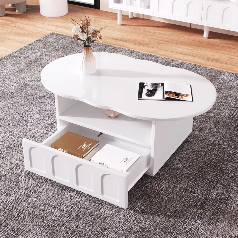 Cloud-Shaped Coffee Table with Drawer and Storage Compartments, Push-to-Open Mechanism, Easy Installation, 100L x 60W x 40.5H cm, White