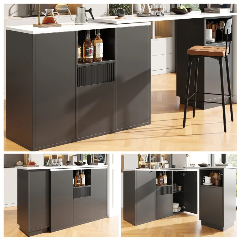 360° Swivelling Kitchen Island with Marble Worktop, Storage Compartments, Bar Table for Kitchen, Living Room, 198.5L x 30W x 72.5H cm, Black