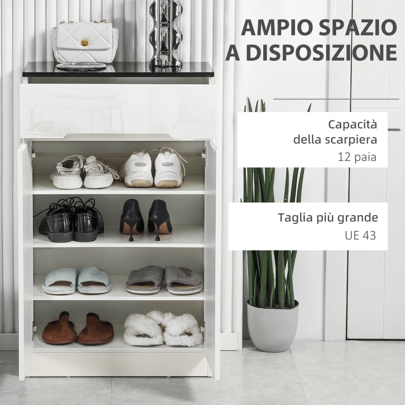 HOMCOM Scarpiera Slim da 12 Paia max per Ingressi con 3 Ripiani Regolabili e Cassetto, in Truciolato Bianco, 60x32x100 cm