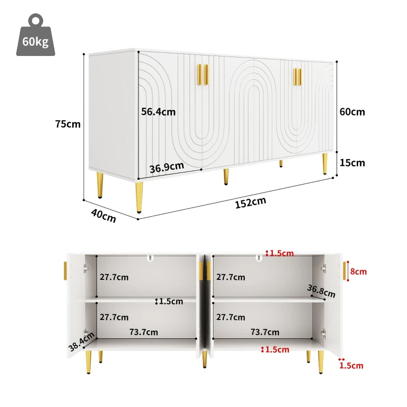 Wave Design Sideboard with Golden Handles and Feet, Elegant Storage Cabinet with 4 Doors and 2 Drawers, 152L x 40W x 75H cm, White