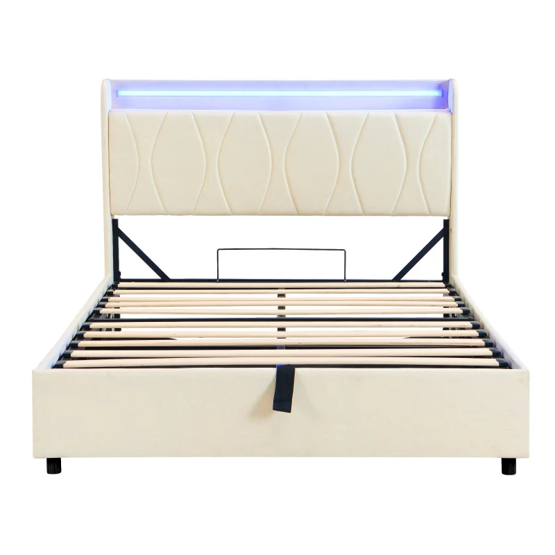 Double Upholstered Bed with LED Headboard, USB and Type-C Ports, Hydraulic Storage Bed with Charging Station, 207L x 136W x 105H cm, Beige
